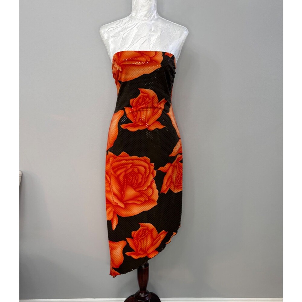Cache Vintage Y2K Mesh Rose Dress Size 6 Strapless Asymmetrical Whimsigoth